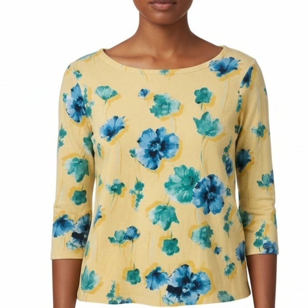 Charter Club Womens Top Floral Boat Neck 100% Pima Cotton Yellow Casual Size S‎